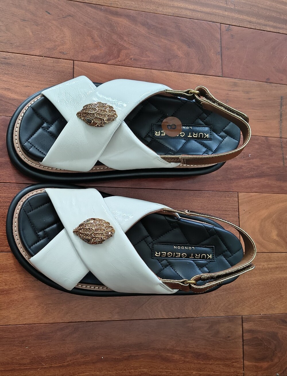 NWOT - Kurt Geiger London White Cross Strap Sandals with Gold Accent - Sz 8